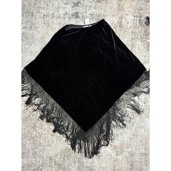 Chico’s Velvet Fringe Poncho Shawl Black USA One Size Elegant Neutral Goth - Picture 1 of 3